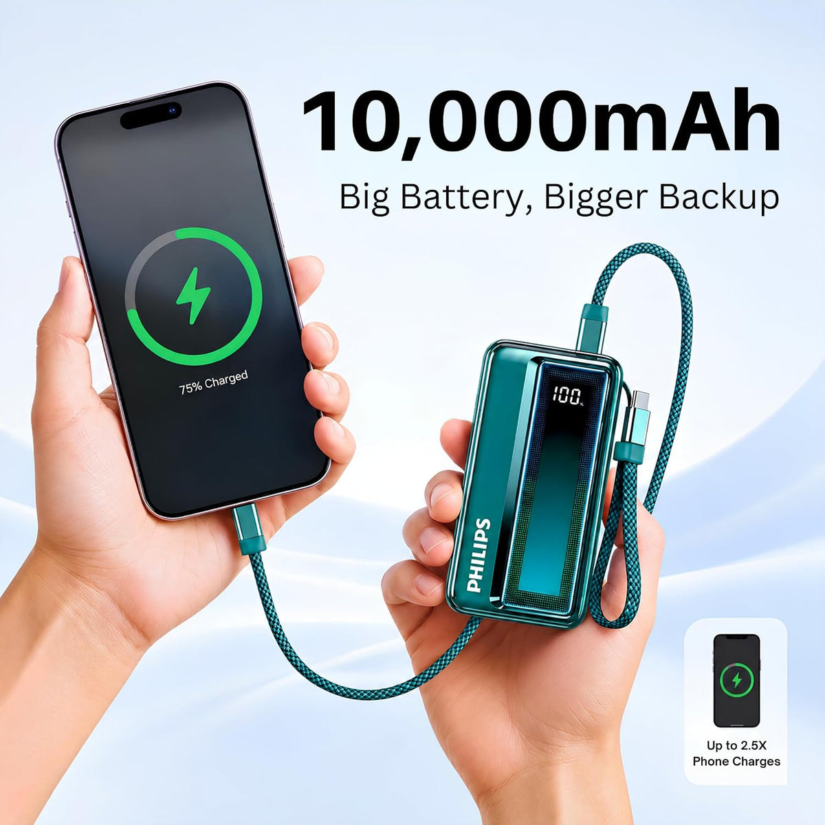 Philips 10000mAh 30W Max Fast Charging Power Bank (Chrystal Teal) with Built-in Cable