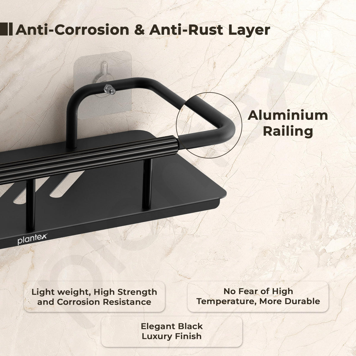 Plantex Self Adhesive Bathroom Shelf/Stainless Steel Bathroom Shelf Rack/Wall Shelf for Bathroom/Bathroom Organiser Without Drill/Bathroom Accessories Set- Pack of 1 (12x5 inches, Black)-3