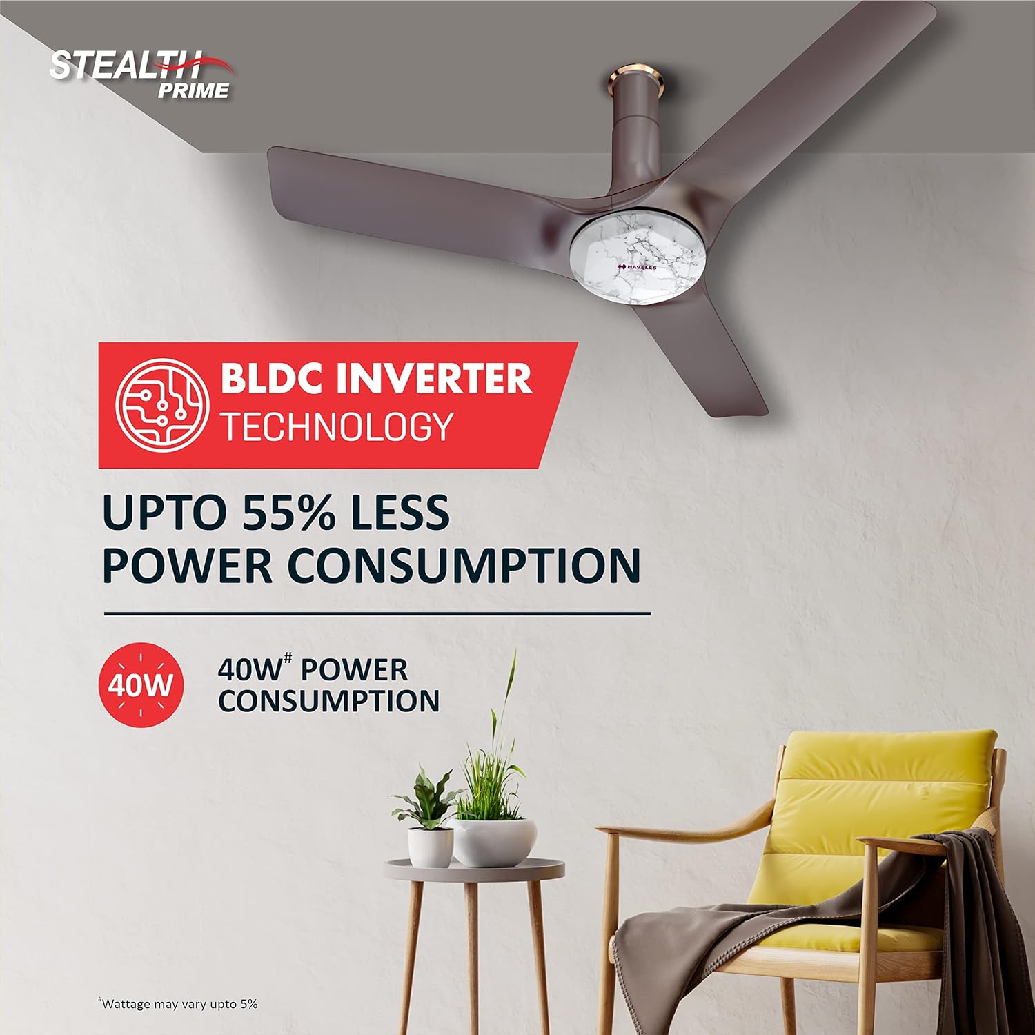 Havells 1200Mm Stealth Prime Bldc Motor Ceiling Fan|Most Silent&Premium, 5 Stars With Rf Remote, 100% Copper|Upto 55% Energy Saving, Timer, Memory Backup|(Pack Of 1, Marbel Dusk)