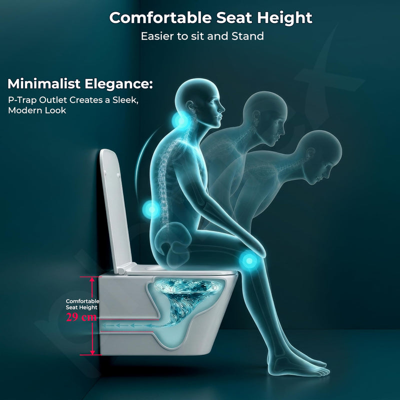 Plantex Wall Mounted Commode/Imported Italica Ceramic Rimless Square Washdown Western Toilet/P Trap Commode with Soft Close Seat Cover (Glossy White)-4