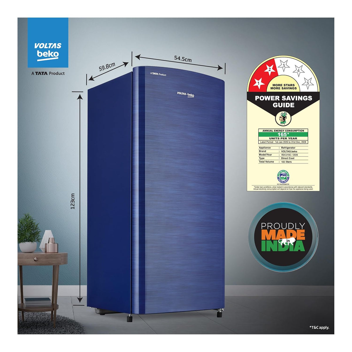 Voltas Beko, A Tata Product 183 L, 2-Star Single Door Direct Cool Refrigerator with Fresh Box Technology (RDC215C / 2S0XER0M0000GO, Hairline Blue)-2