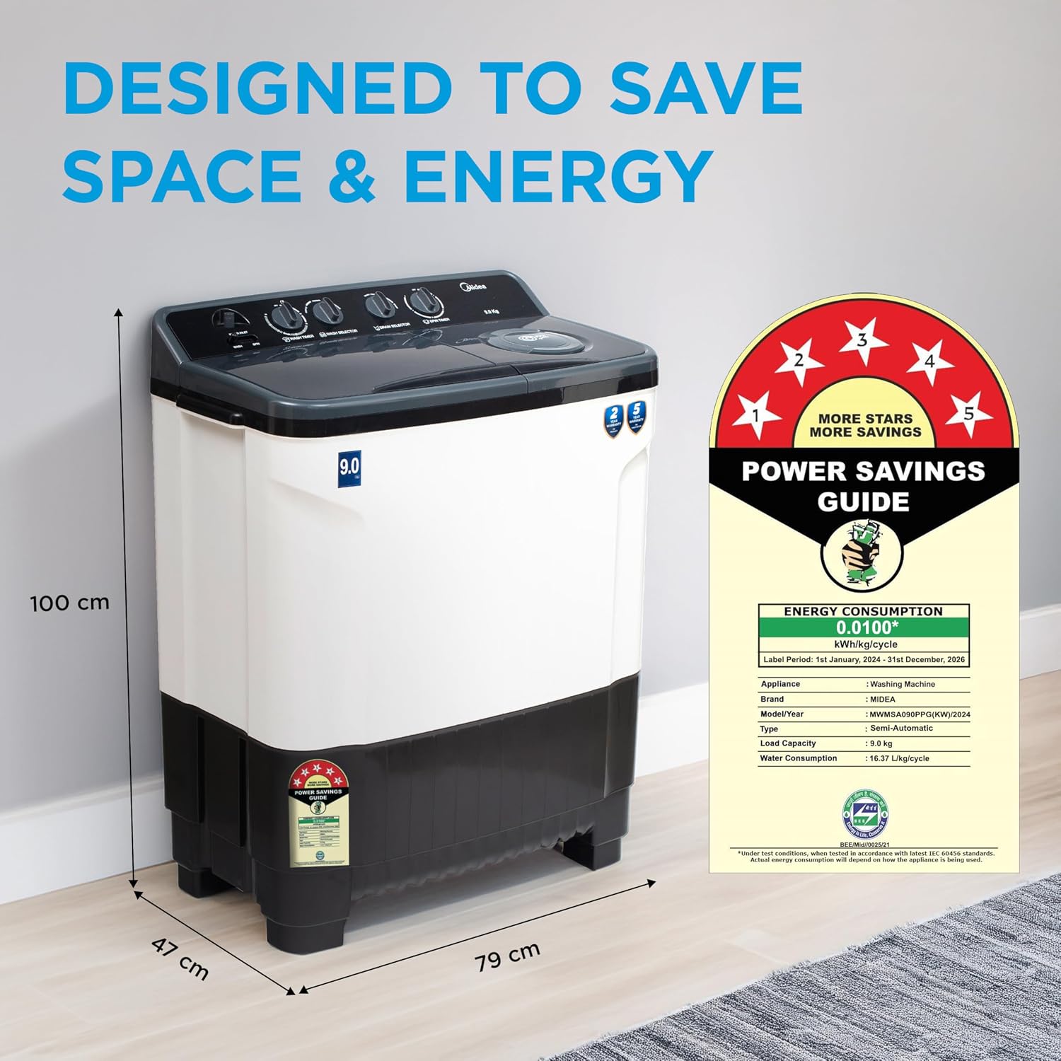 Midea 9 Kg 5 Star Semi Automatic Top-Load Washing Machine Black White (MWMSA090SAPPG(KW), Rat Away Feature, Air Jet Dry IPX4 Protection)