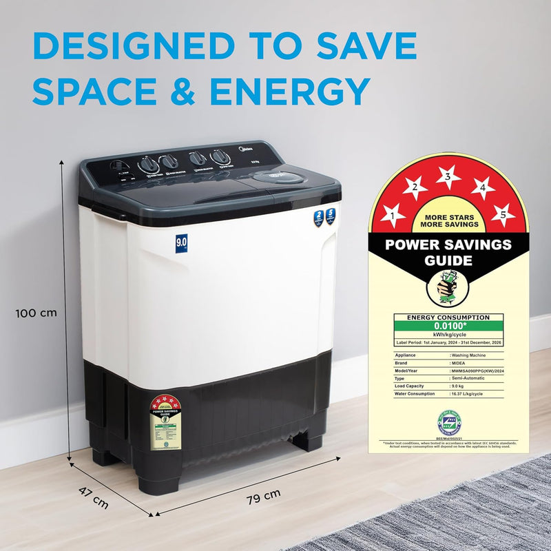 Midea 9 Kg 5 Star Semi Automatic Top-Load Washing Machine Black White (MWMSA090SAPPG(KW), Rat Away Feature, Air Jet Dry IPX4 Protection)