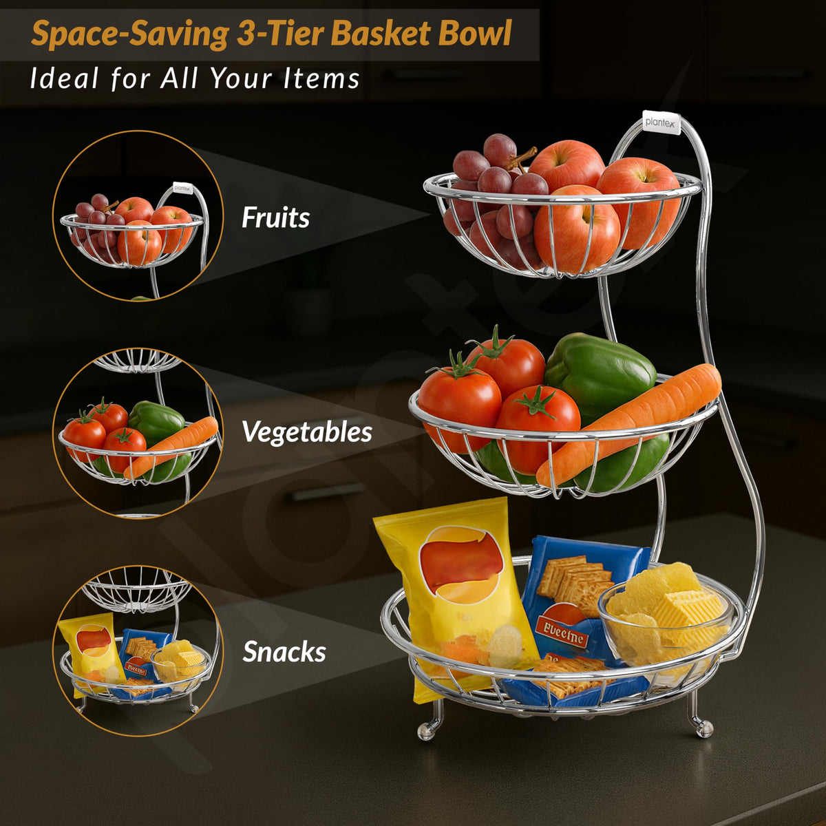Plantex Elegant High Grade Stainless Steel 3-Tier Fruit & Vegetable Basket for Dining Table/Kitchen-Big Size(Chrome), Solid-3