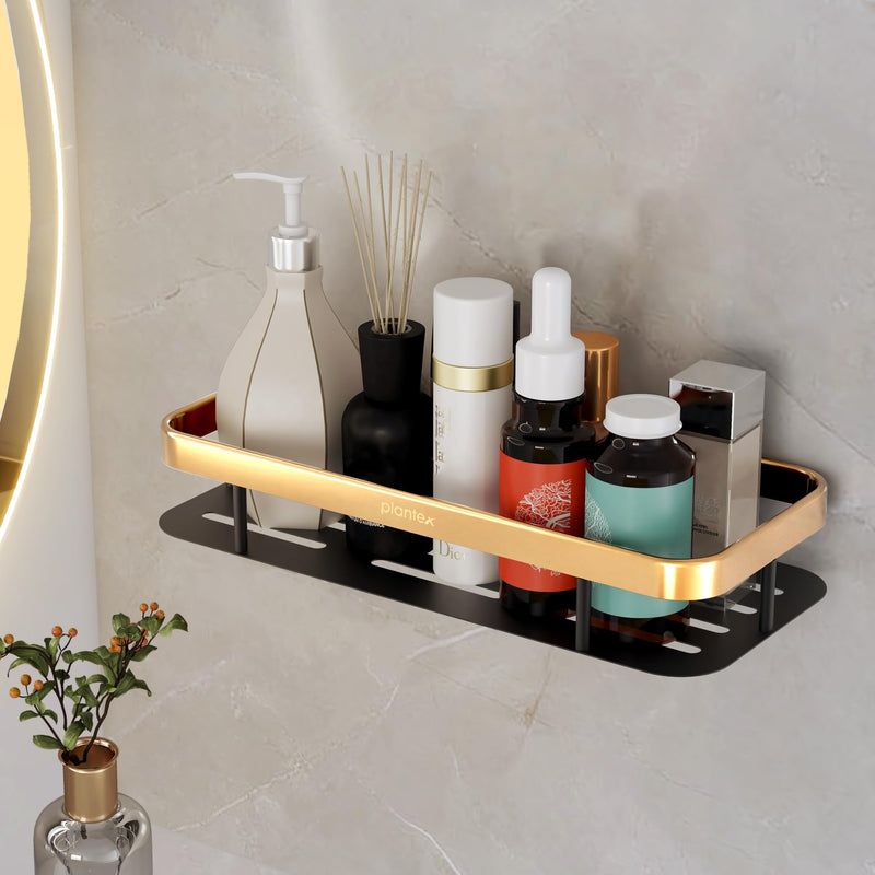 Plantex Self Adhesive Bathroom Shelf/Bathroom Shelf for Wall Adhesive/Aluminium Wall Mounted Rack for Kitchen with Golden Railing and Magic Stickers-(12x5 inches, Gold & Black)-1