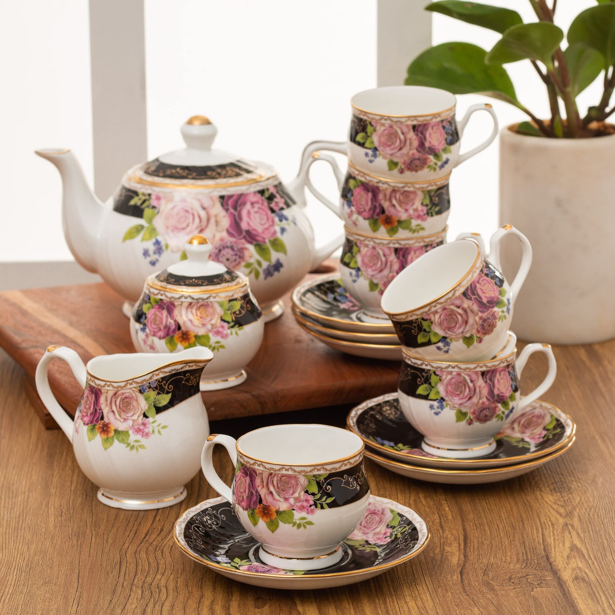 Clay Craft Gold Print Premium Fine Ceramic Tea Set of 15 Pcs (1 Kettle + 6 Cups + 6 Saucers + 1 Milk Pot + 1 Sugar Pot) (Design 6 - Rose(R512))