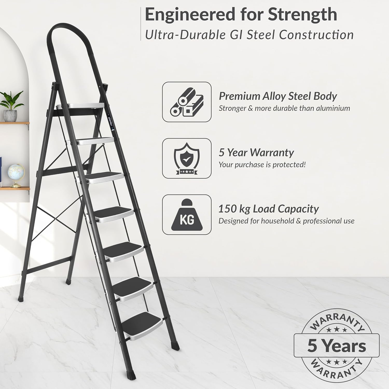 Plantex Steel 7 Step Ladder for Home/Wide Anti Skid 7 Step Ladder Foldable/5 Year Manufacturer Warranty (Gray & White)