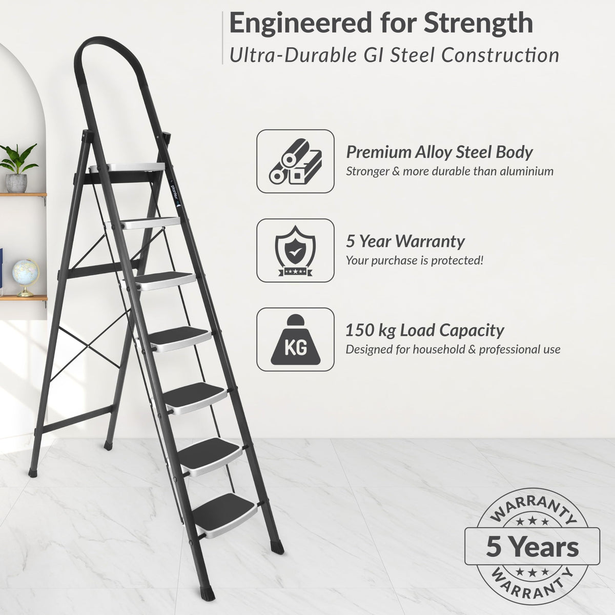 Plantex Steel 7 Step Ladder for Home/Wide Anti Skid 7 Step Ladder Foldable/5 Year Manufacturer Warranty (Gray & White)