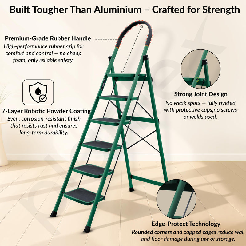 Plantex Hercules Pro 6-Step Foldable Ladder for Home with 150 kg Load Capacity/Heavy-Duty Steel Ladder/Anti-Slip Wide Step/Strong, Stable & Multi-Purpose (Green)-2