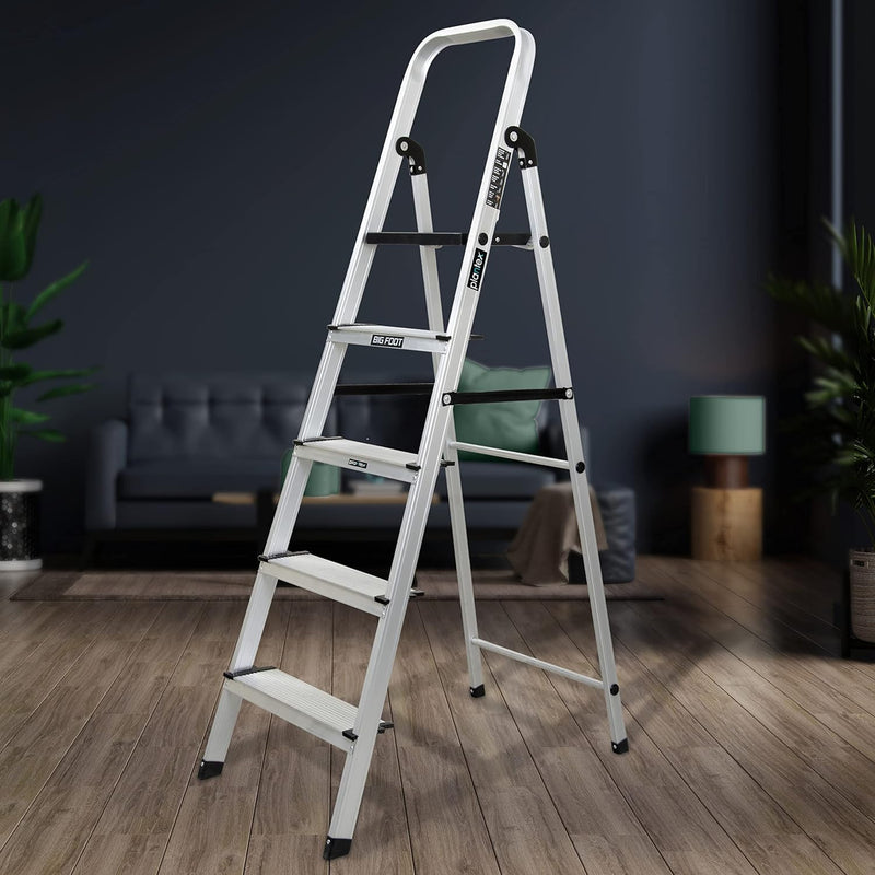 Plantex Big Foot 5 Step Foldable Aluminium Ladder/Step Ladder for Home Use with Wide Anti-Slip Steps and Secured Joints/5-Year Manufacturer Warranty(Black & Silver)