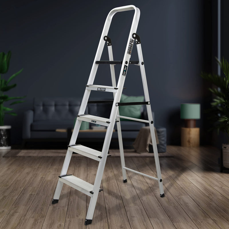 Plantex Big Foot 5 Step Foldable Aluminium Ladder/Step Ladder for Home Use with Wide Anti-Slip Steps and Secured Joints/5-Year Manufacturer Warranty(Black & Silver)