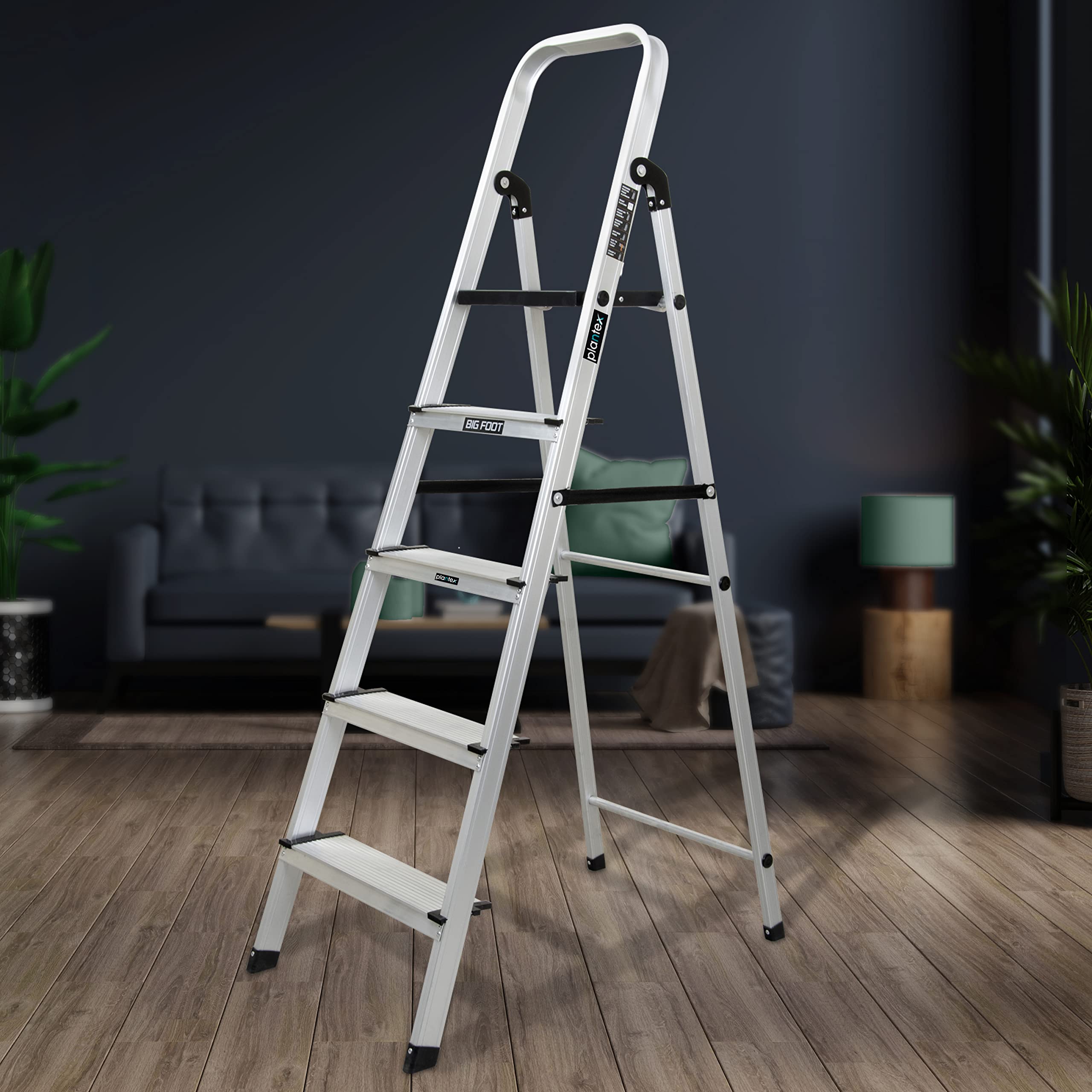 Plantex Secura 4 Step Ladder for Home/Aluminium Foldable Ladder with Safe Hand Rail (Orange-Chrome)