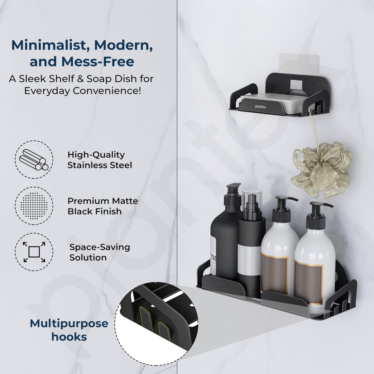 Plantex Self Adhesive Corner Shelf for Bathroom Wall/Stainless Steel Bathroom Organiser/Soap Dish/Side Corner Shelf- (Black, Combo)-2