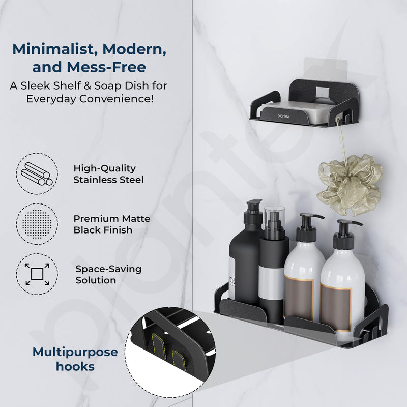 Plantex Self Adhesive Corner Shelf for Bathroom Wall/Stainless Steel Bathroom Organiser/Soap Dish/Side Corner Shelf- (Black, Combo)-2