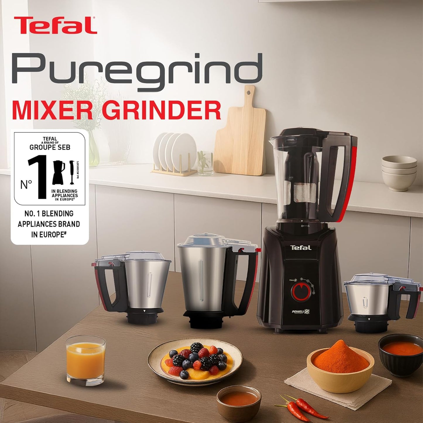 Tefal Puregrind Mixer Grinder, 800W Heavy-Duty Copper Motor, Advanced Lid Jar Interlocking Leakproof Jars | Hands Free Operation | Europe’s No.1 Brand | 3-Year Product Coverage | 5 Year Motor Coverage