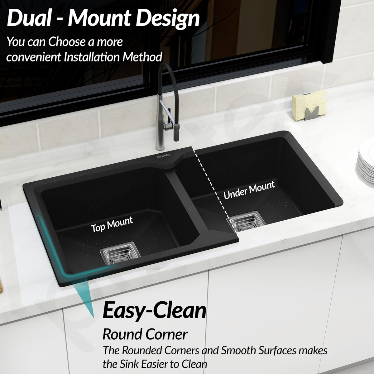 Plantex Matt Kitchen Sink/UV Protected Quartz Sink for Kitchen/Double Bowl Sink with Coupling and Hose Pipe (Charcoal Black - 37x18inch)-6