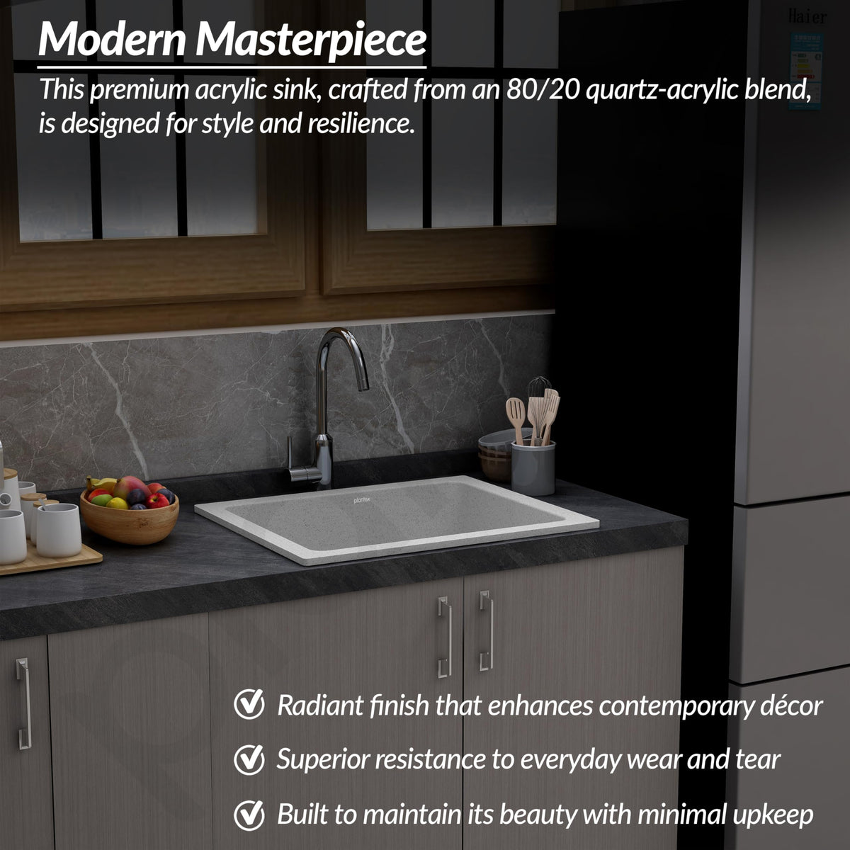 Plantex Matt Quartz Acrylic Kitchen Sink With 10 Years Warranty /Undermount Sink For Kitchen/Granite Single Bowl Kitchen Sinks With Coupling (Brun 16X18 Inches)