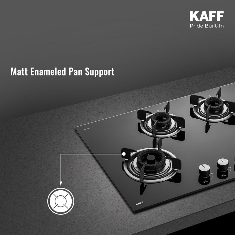 Kaff CRH804 4 Burner Built-in Gas Hob | 80 cm Black Toughened Glass (8mm) | Auto Electric Ignition | Tornado Flame Burne