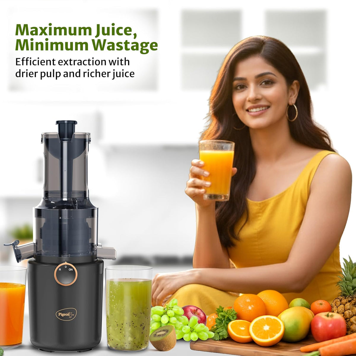 Pigeon by Stovekraft Pure Slow Juicer| 250W Motor| Nutrient Rich Juice| All-in-1 Fruits & Vegetable Juicer| Maximum Juice Extraction Auger | Separate Juice & Pulp Cups | 2 Year Warranty