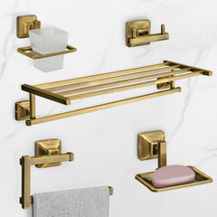 Plantex 304 Grade Stainless Steel Bathroom Accessories Set of 5 - Towel Stand/Napkin Ring/Soap Dish/Toothbrush Holder/Robe Hanger - Squaro (Brass Antique)-1
