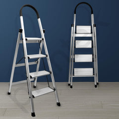 Plantex Surestep 4 Step Aluminum Ladder for Home/Non-Slip Wide-Step Foldable Ladder with Knee Guard, PVC Shoes and Cross Bars (Anodize-Silver)