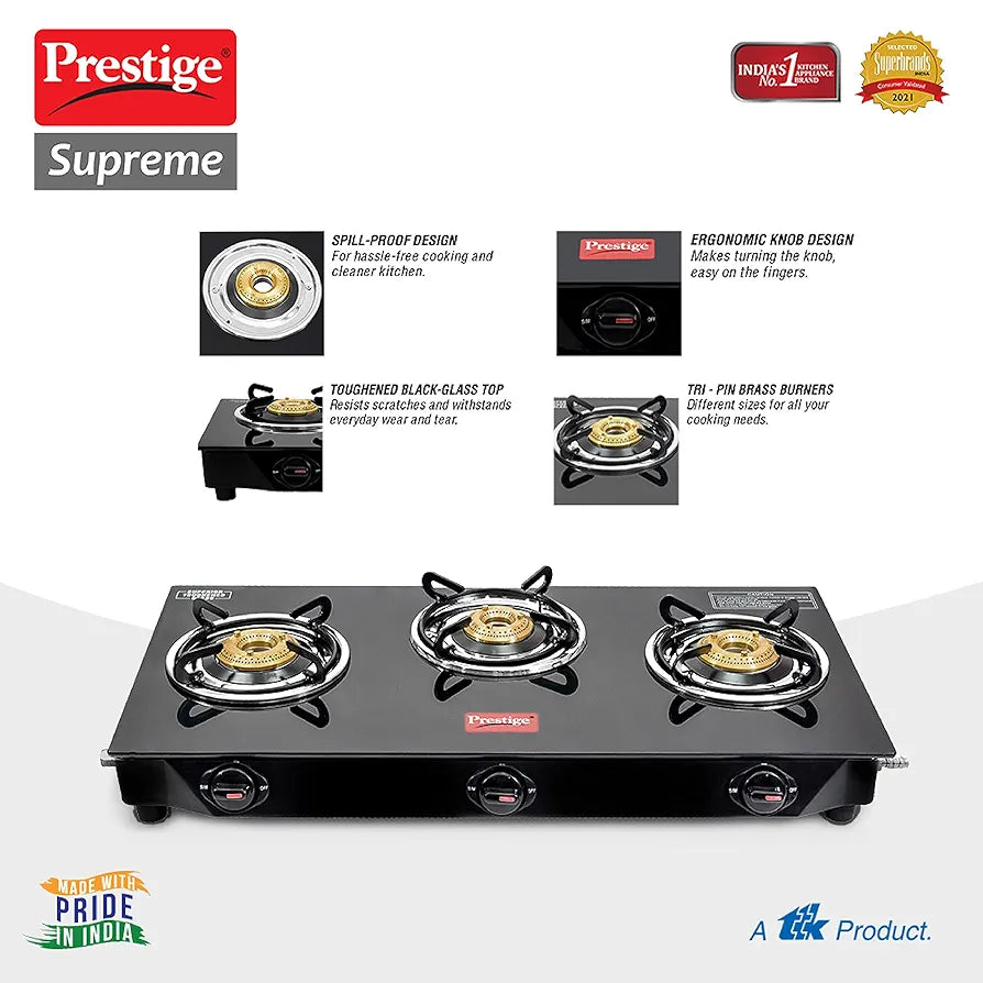 Prestige Supreme 3 Burner Glass Top Gas Stove, Black, Manual Ingnition