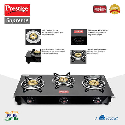 Prestige Supreme 3 Burner Glass Top Gas Stove, Black, Manual Ingnition