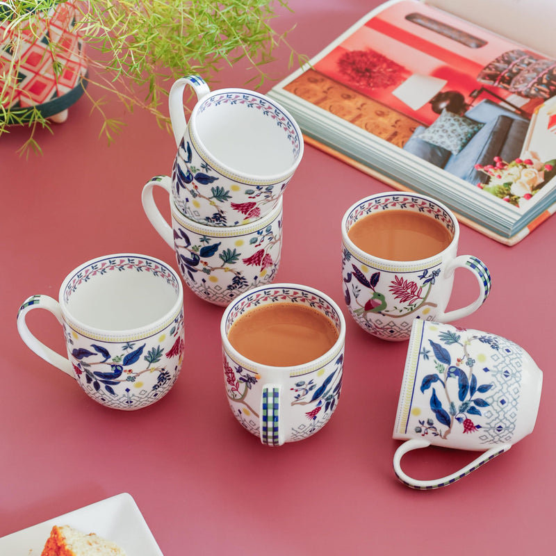 Magique by The Wishing Chair x ClayCraft : Mango Paradise Summer Fine China Ceramic Mug Set of 6 | 200 ml | Tea Cup Set of 6 | Mugs for Coffee | Ideal for Gifting | Perfect for Home & Office