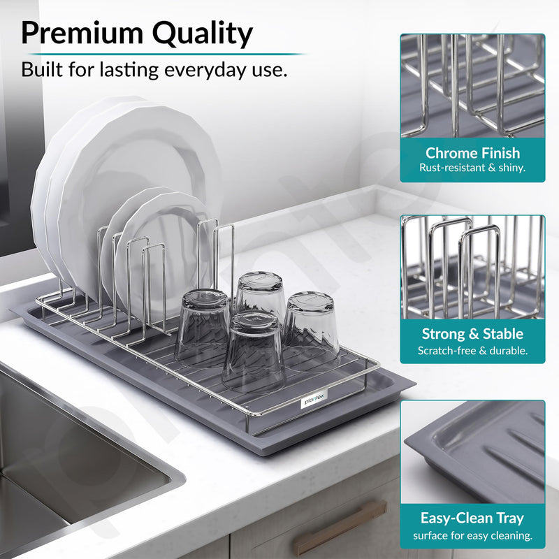 Plantex Stainless Steel Dish Drying Rack for Kitchen with Drain Tray/Plate & Thali Stand/Utensil, Bowl & Glass Holder/Countertop Dish Drainer Organizer Pack of 1 (Chrome & Grey)-2