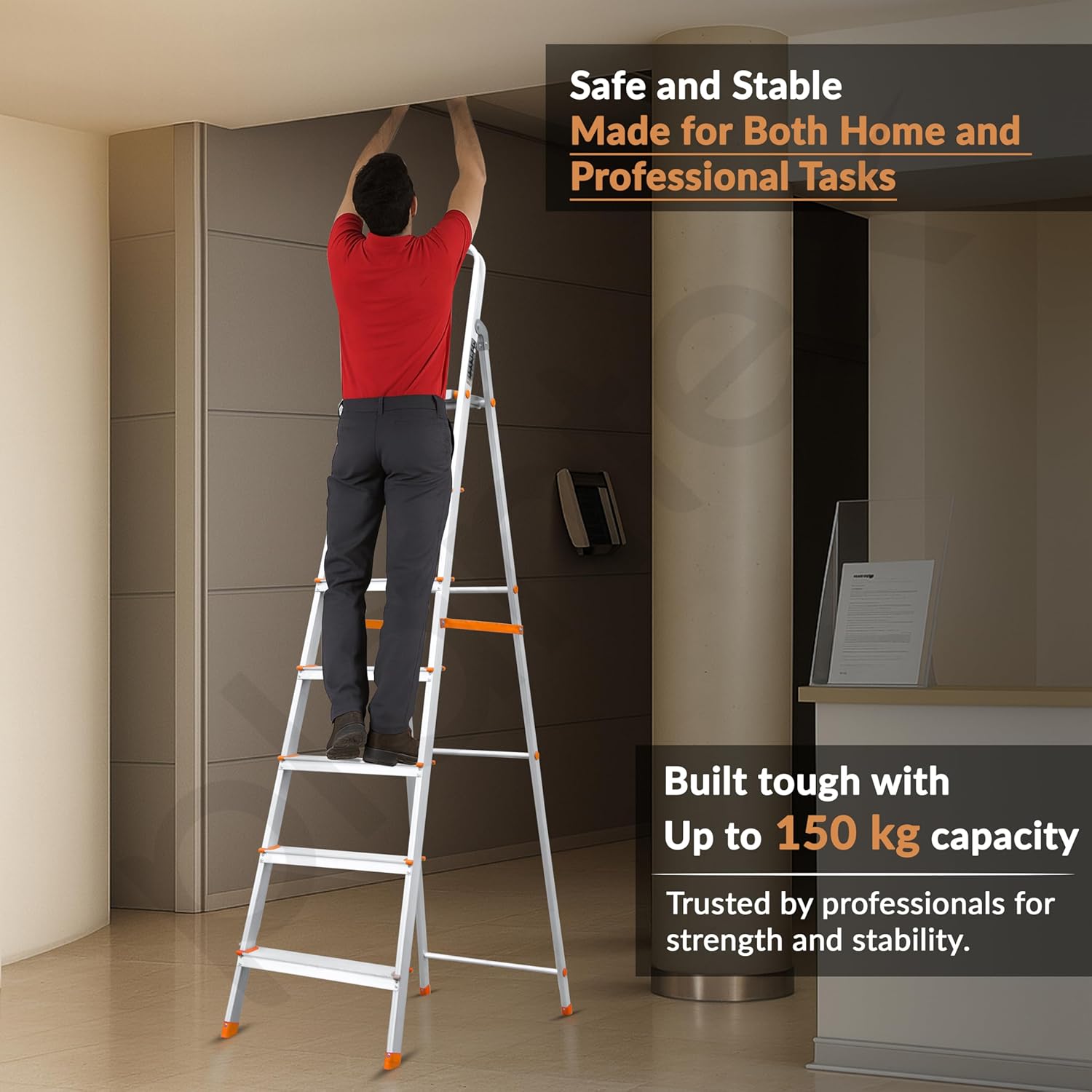 Plantex Legend Aluminium Folding 7 Step Ladder for Home - 7 Step Anti Skid Ladder/Wide Step Ladder (Orange-Chrome)