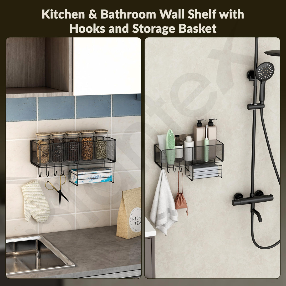 Plantex Self Adhesive Bathroom Shelf/Bathroom Organiser Without Drill/Hanging Rack for Kitchen Storage/Modern Shower Bin for Office/Dining Room/Multipurpose Rack -Pack of 1 (Black)-5