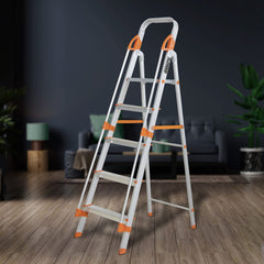 Plantex Big Foot 4 Step Ladder for Home/Fully Aluminium Folding Ladder/Wide Anti-Skid Steps (Black-Silver)