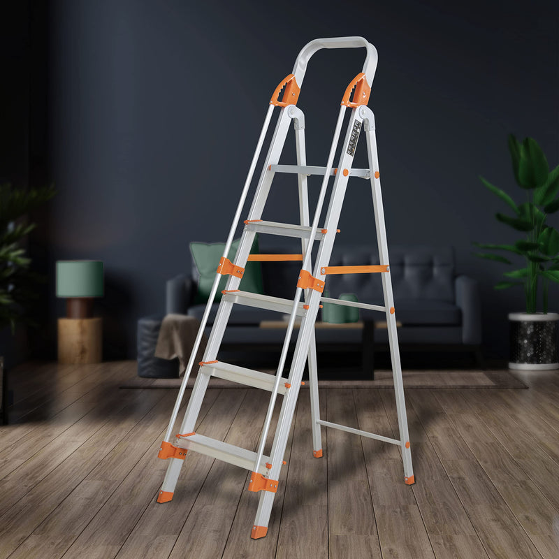 Plantex Secura 4 Step Ladder for Home/Aluminium Foldable Ladder with Safe Hand Rail (Orange-Chrome)