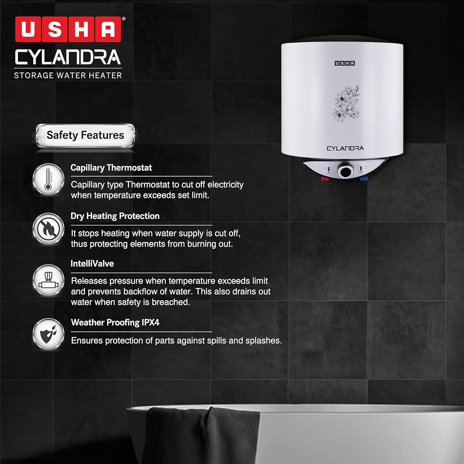 Usha Cylandra 25 Litre Storage Water Heater With Free Installation (White), Wall Mounting