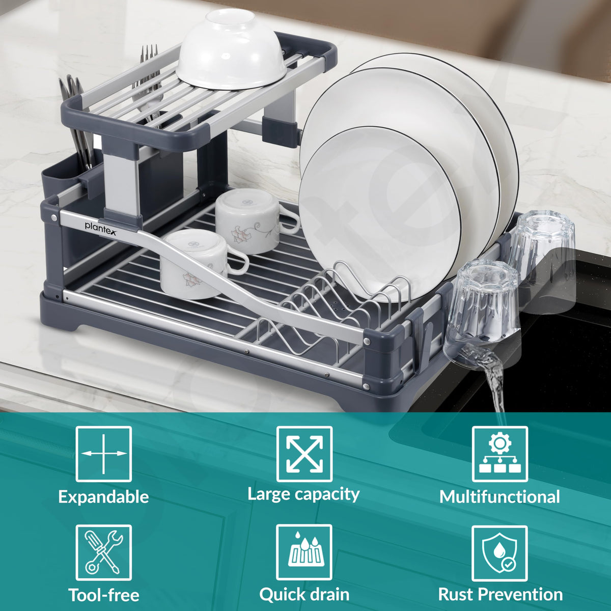 Plantex Aluminium Fold Flat Dish Drying Rack/2-Tier Dish Drainer with Drying Rack/Utensils Drying Rack/Vessel Drainer Basket/Kitchen Organiser Rack Stand- (Silver & Grey)