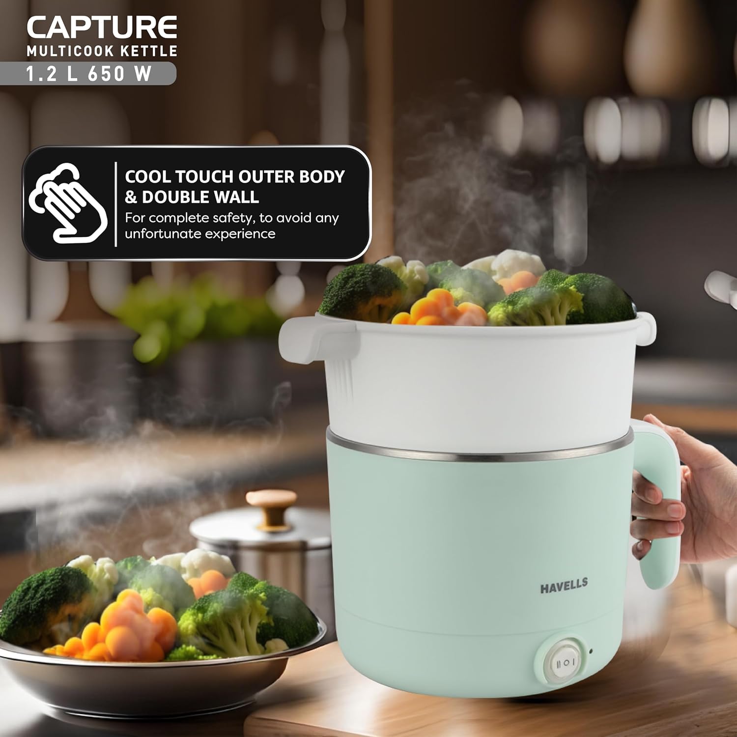 Havells Capture 1.2 L Multi-Cook Electric Kettle with Steamer | 650W |304 Stainless Steel Inner Body|Cooks Noodles, Rice, Milk | Cool-Touch Body | 2-Year Warranty (Green)