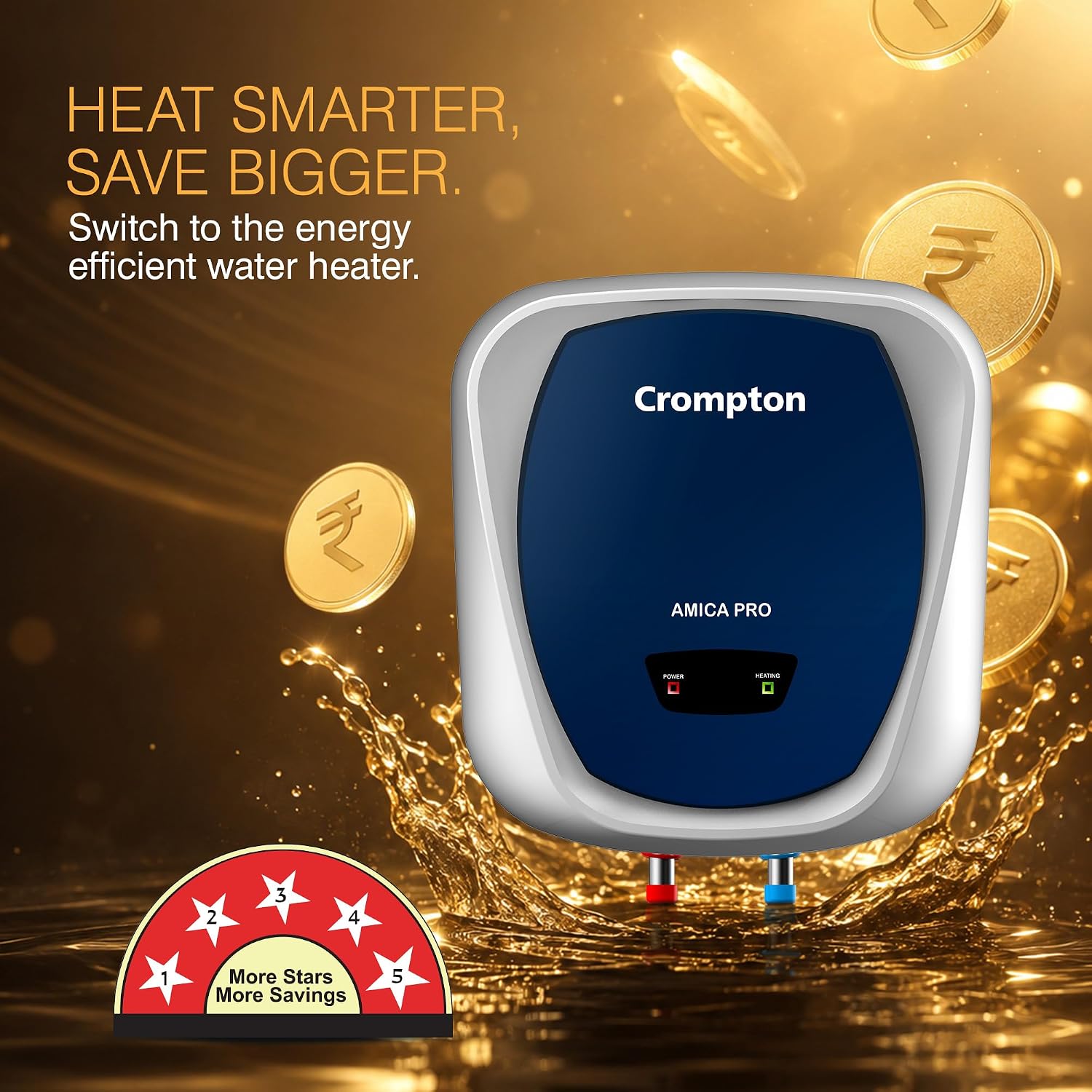 Crompton Amica Pro 15L 5‑Star Storage Water Heater (Geyser) | Glassline Tank for Hard Water | Free Installation | 8 Bar High‑Rise Pressure | 5‑Level Safety | Rust‑Proof Body | 2kW Fast Heating