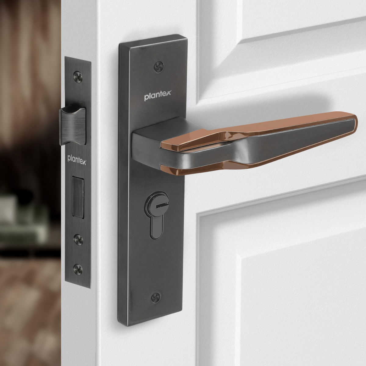 Plantex Heavy Duty Door Lock Set - Main Door Lock Handle Set/Mortise Locks with 3 Keys, Brass Body & Cylinder (8064 - Grey & PVD Choco)-1