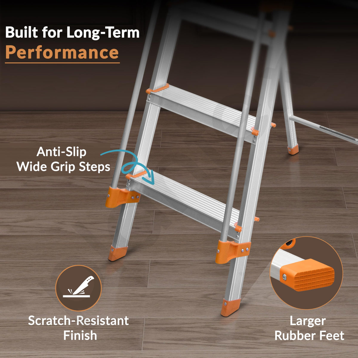Plantex Secura 5 Step Aluminium Ladder for Home/Foldable Ladder with Support Hand Rail (Orange-Chrome)