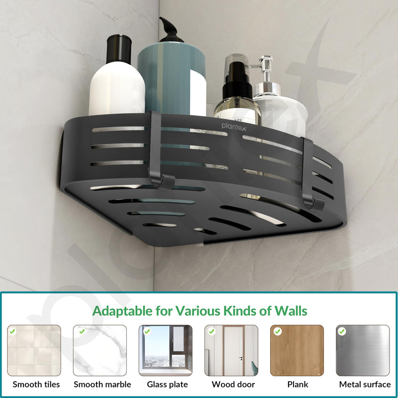 Plantex No Drill Corner Shelf for Bathroom Wall/Aluminium Self Adhesive Shelf/Bathroom Side Corner Shelf with Removable Hooks (9x9 inches, Matt Grey) - Pack of 2-6