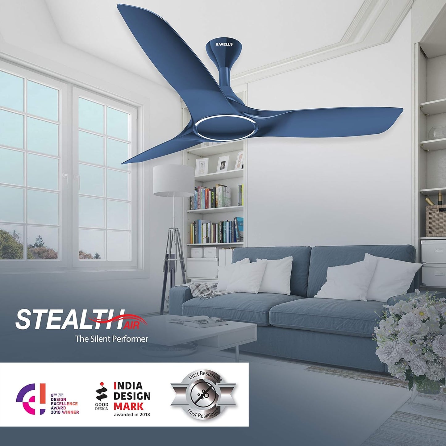 Havells 1250mm Stealth Air Ceiling Fan | Aerodynamic blades for silent operation, Superior Air Delivery | Dust Resistant , the most slient fan with Premium look and finish | (Pack of 1, Indigo Blue)