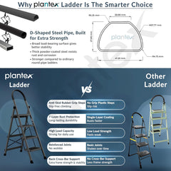 Plantex Ladder for Home 4 Steps/Foldable Ladder with Anti-Skid Wide Steps (30L x 20W cm)/Strong D-Shape Pipe with X-Support for More Stability/5 Year Warranty(Apex-Black)