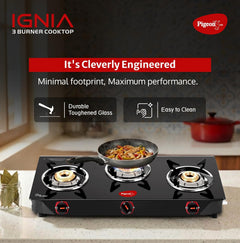 Pigeon Ignia 3 Burner Gas Stove with Open Heating Element, Black, Toughened Glass, Easy Cleaning, 2-Year Warranty