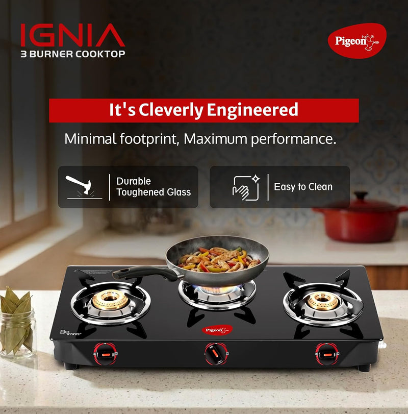Pigeon Ignia 3 Burner Gas Stove with Open Heating Element, Black, Toughened Glass, Easy Cleaning, 2-Year Warranty