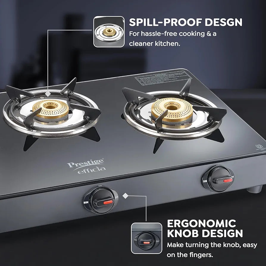 Prestige Efficia LP Open Gas Stove with Powder-Coated Body, Glass Top & 3 Brass Burners