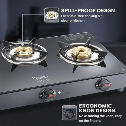 Prestige Efficia LP Open Gas Stove with Powder-Coated Body, Glass Top & 3 Brass Burners