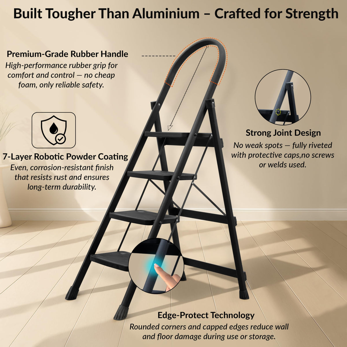 Plantex Hercules Pro 4-Step Foldable Ladder for Home with 150 kg Load Capacity/Heavy-Duty Steel Ladder/Anti-Slip Wide Step/Strong, Stable & Multi-Purpose (Black)-3