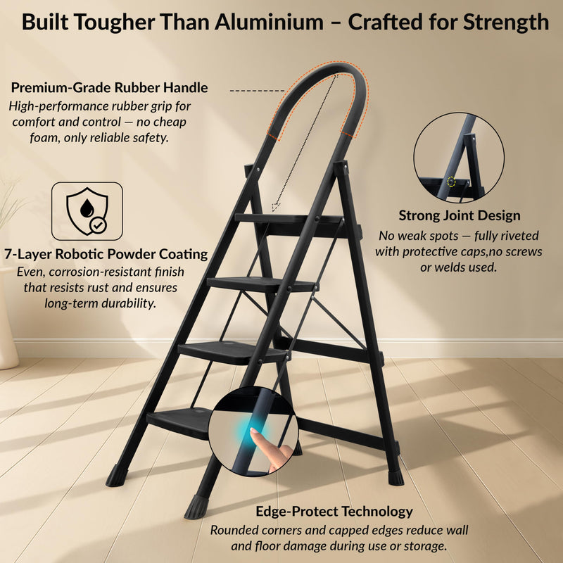 Plantex Hercules Pro 4-Step Foldable Ladder for Home with 150 kg Load Capacity/Heavy-Duty Steel Ladder/Anti-Slip Wide Step/Strong, Stable & Multi-Purpose (Black)-3