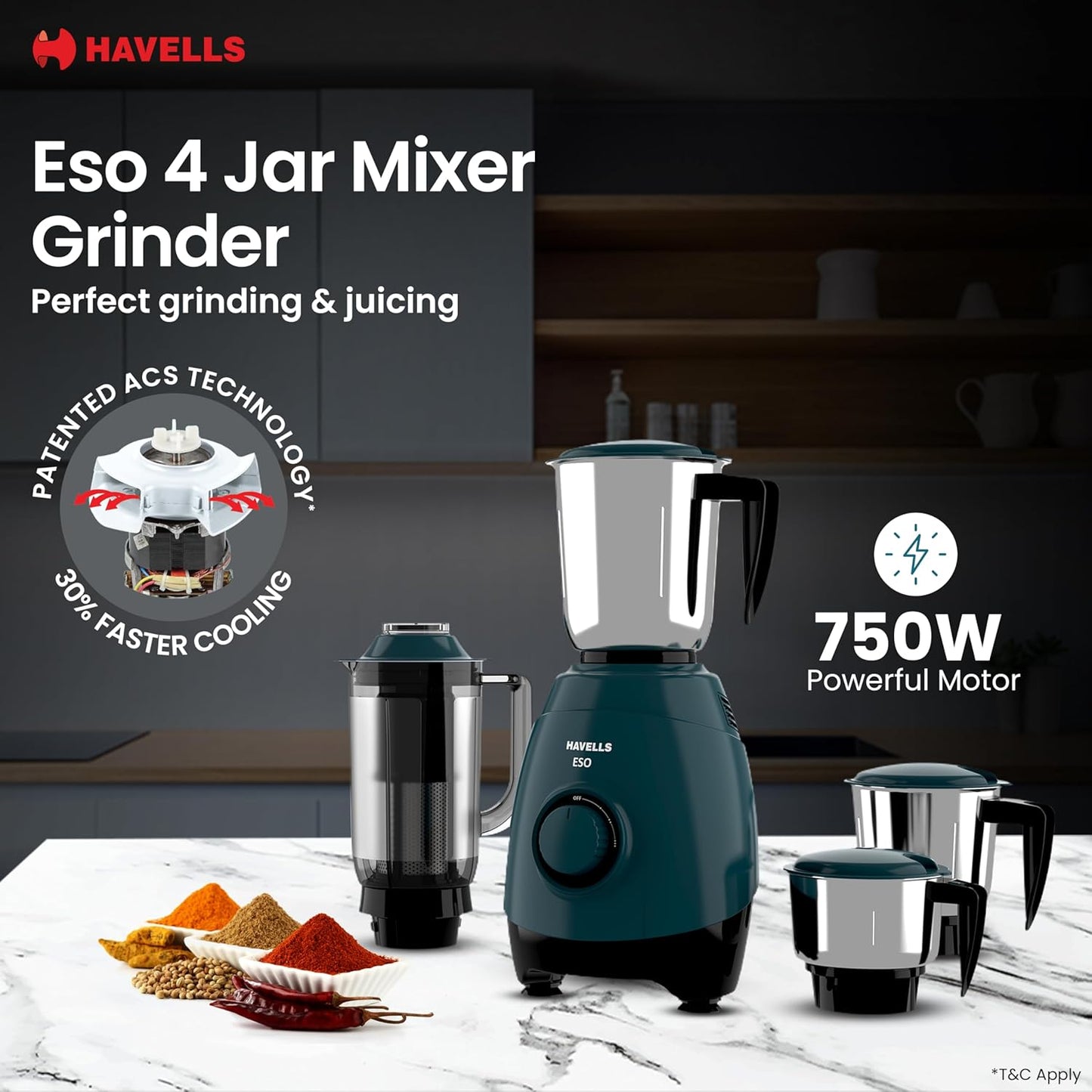 Havells ESO 750 Watt Mixer Grinder | 4 Jars (3 Stainless Steel + 1 Juicer Jar) | Heavy-Duty ABS Body | Powerful Motor | Wider Mouth Blades | Handles on All Jars | 2-Year Product Warranty (Teal)