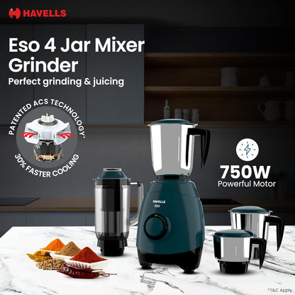 Havells ESO 750 Watt Mixer Grinder | 4 Jars (3 Stainless Steel + 1 Juicer Jar) | Heavy-Duty ABS Body | Powerful Motor | Wider Mouth Blades | Handles on All Jars | 2-Year Product Warranty (Teal)